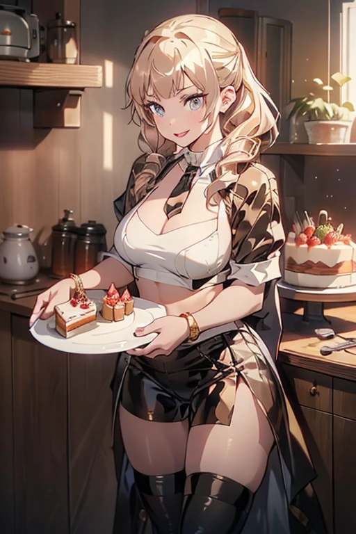 (dynamic angle:1.3, front view:1.1, breast focus:1.3, from above:1.1), (dynamic posing:1.2, sexy posing:1.2), (seductive smiling:1.3), ((looking at cake,Taking a cake out of the gold oven, worried about the outcome:1.2)),highest quality、(real、photorealistic:1.4),(ultra high resolution, 8K RAW photo, clear focus), best qualtiy, natural lighting, field depth, (Bright pupils, detailed beautiful eyes, high detailed face), Red lip, (tight focus:1.2), a girl 22yo old, Wearing a pastry chef uniform:1.3 , Thicc, thin breast, long hair, blue eyes,garter stocking, cleavage:1.2, midriff, black shorts, black thighhighs, thigh strap, pretty girl, (highly detailed beautiful face and eyes,firm breasts),real skin,((black,hair,long pony tail hair)),thin pubic hair,cute,lovely, detailed eyes,(double breasted:1.0,under bust:1.0),(with sparkling eyes and a contagious smile),open mouth, Looking at Viewer,A scene of cooking in the kitchen,looking at the gold oven