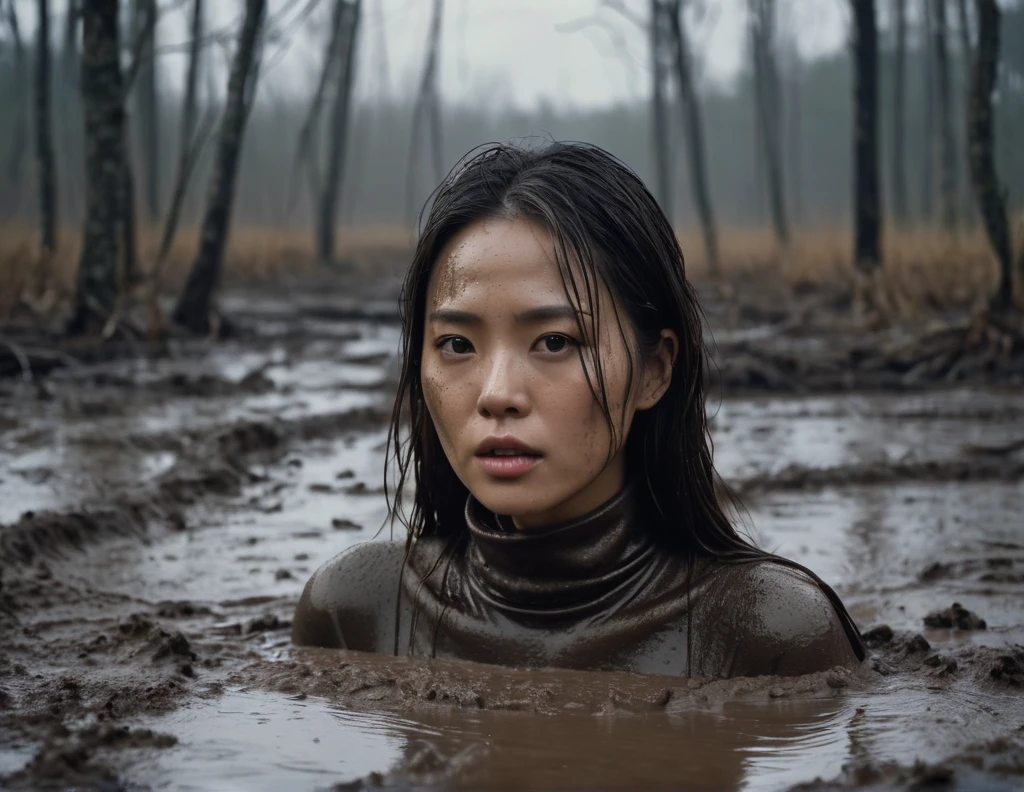 8k, ultra-detailed, grainy film photo, masterpiece,muted colors, muffled light, dark dusk:1.1, rainy, moody:1.1, dark noir:1.2, woman with mud covered face, brown sweat turtleneck:1.3, swallowed by mud, looking towards,woman drowning in forest mud bog, dirty long brunette hair, depraved,asian:0.5,beige, brown, red, from side view