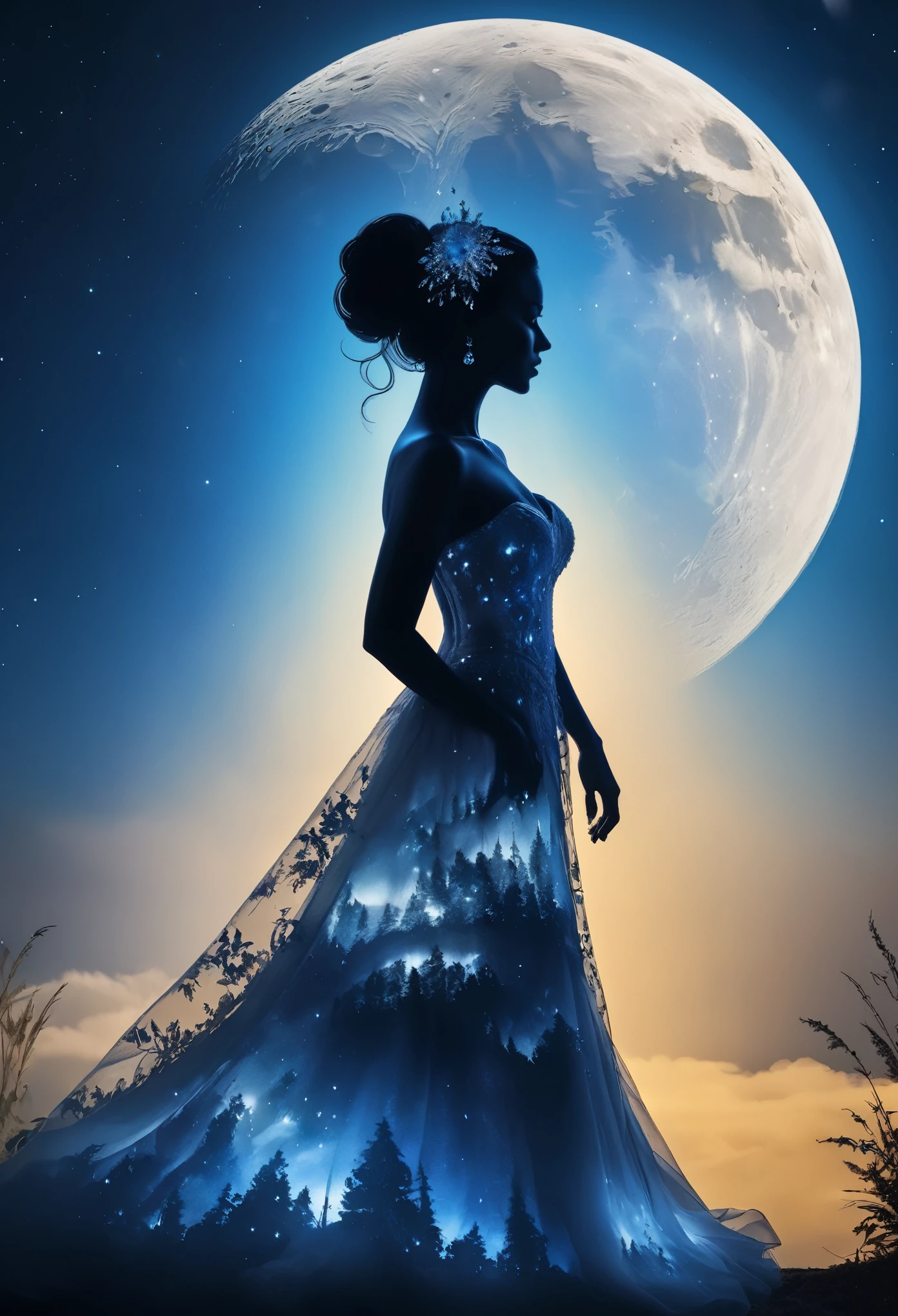 1Bride attire silhouette art, multiple exposure, blue Moon, improve, complex, (best quality, masterpiece, representative work, official art, professional, unified 8k wallpaper:1.3)