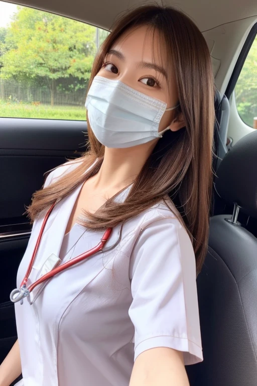 One girl, Japanese, cute sister, nurse, semi-long hair, brown hair color, nurse clothes, wearing a mask, selfie, background in car, realistic girl, top quality image,
