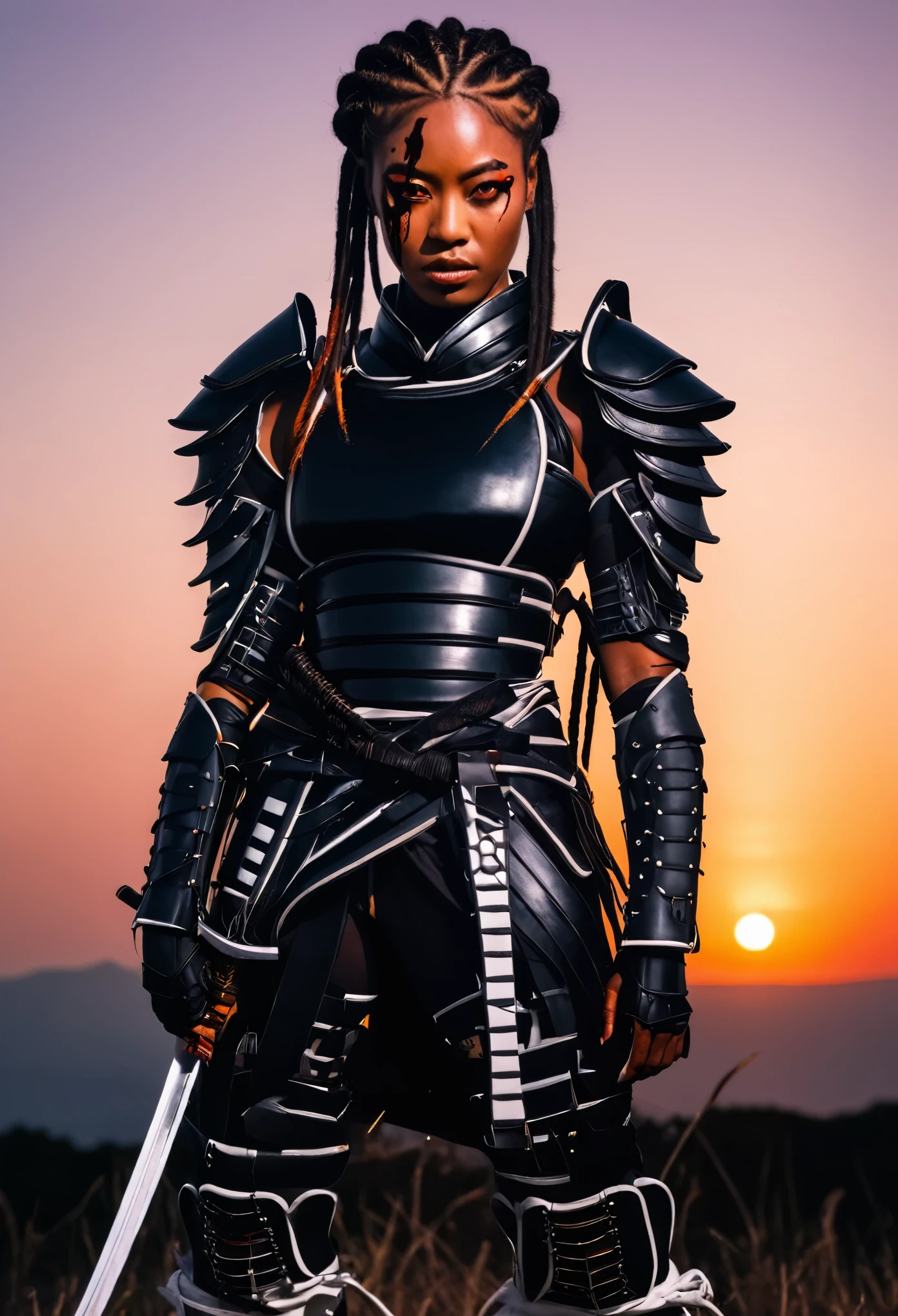 Create the image of a black samurai woman, with braided dreadlocks, modern hair posing in Japan with a beautiful sunset and covered in blood in white and black armor, with full body view