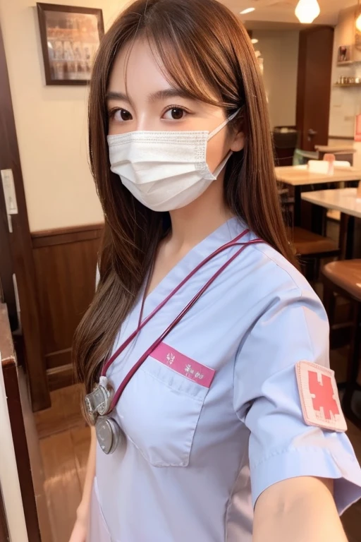 One girl, Japanese, cute sister, nurse, semi-long hair, brown hair color, nurse clothes, wearing a mask, selfie photo, cafe background, realistic girl, top quality image,