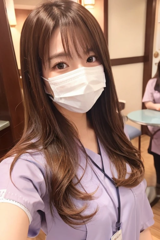 One girl, Japanese, cute sister, nurse, semi-long hair, brown hair color, nurse clothes, wearing a mask, selfie photo, cafe background, realistic girl, top quality image,

