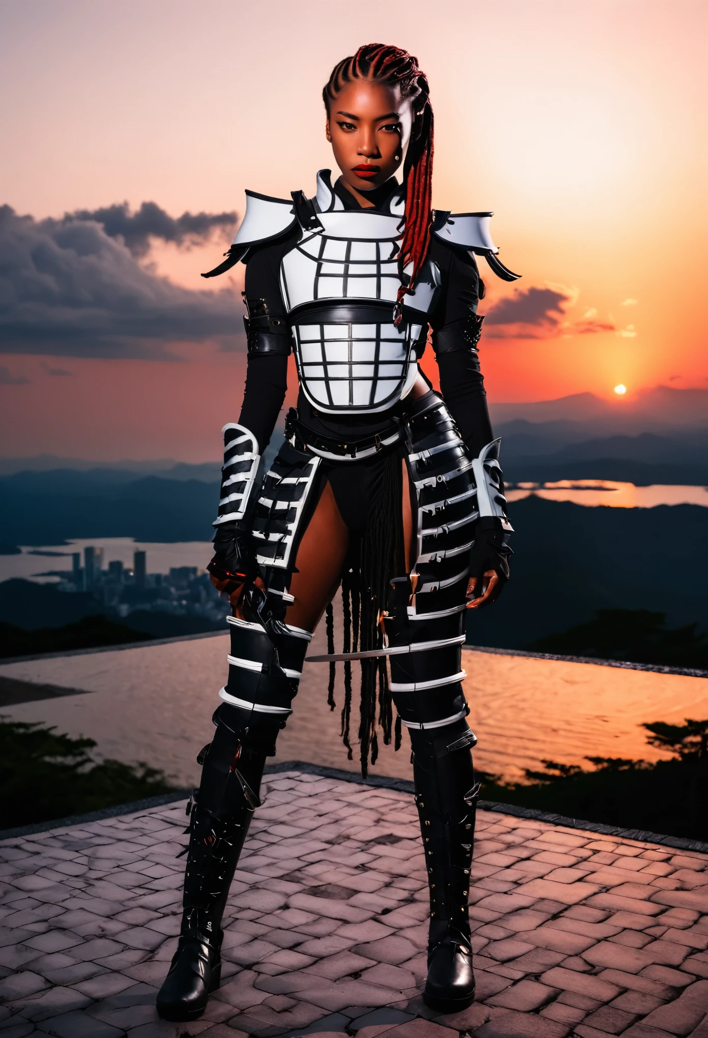 Create the image of a black samurai woman, with braided dreadlocks, modern hair posing in Japan with a beautiful sunset and covered in blood in white and black armor, with full body view