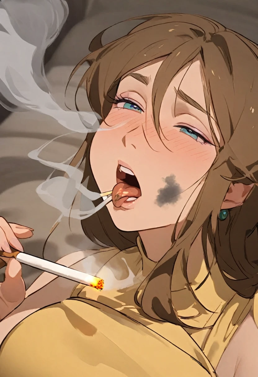 jane porter from tarzan eating cigarette ash, placing cigarette ash on tongue, mouth wide open, tongue sticking out, ash on tongue, on the bed, smoking cigarettes, SMOKE IN MOUTH, lots of cigarette ash, yellow dress