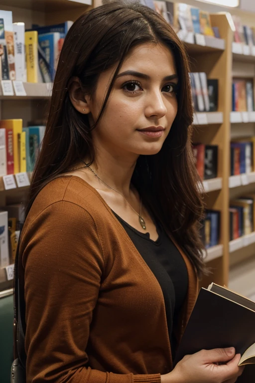 Garota foto de perfil, na livraria, sentada lendo livro