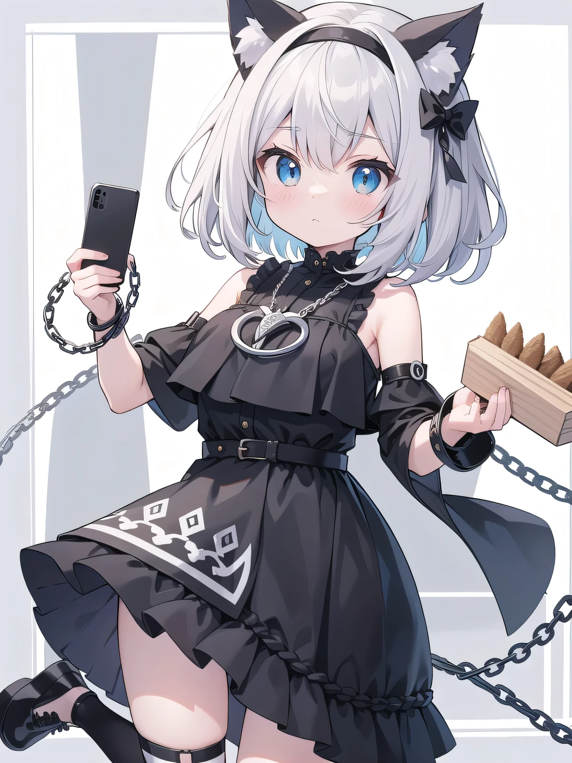 Boobs exposed Boobs exposed Boobs exposed Boobs exposed,Hair Color,Silver gray,Hairstyle,Bobcut、Curl is included,Costume,Upper Body,black oversized hoodie、With blue patterns and decorations,Tops with chain or strap decoration inside,Lower Body,Shorts（black）,shoes,Platform shoes（Platform Shoes）、black,accessories：Black and white straps for full foot coverage,accessories,Cat ear headband,Have a mobile phone,Pause,The character is standing facing forward,Hold your phone in front of your face、Taking a selfie