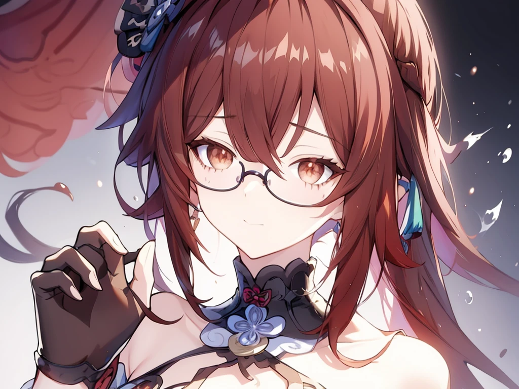 _Anime girl_dark red hair_Shoulder length hair_ brown eyes_elegant clothing_ adult_black glasses_gloves_elegance_ Arlecchino from genshin_portrait_Splash art_