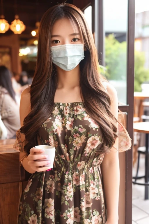 One girl, Japanese, cute sister, semi-long hair, brown hair color, clothes: floral dress, wearing a mask, selfie, background: cafe, sitting in a cafe, realistic girl, top quality image,