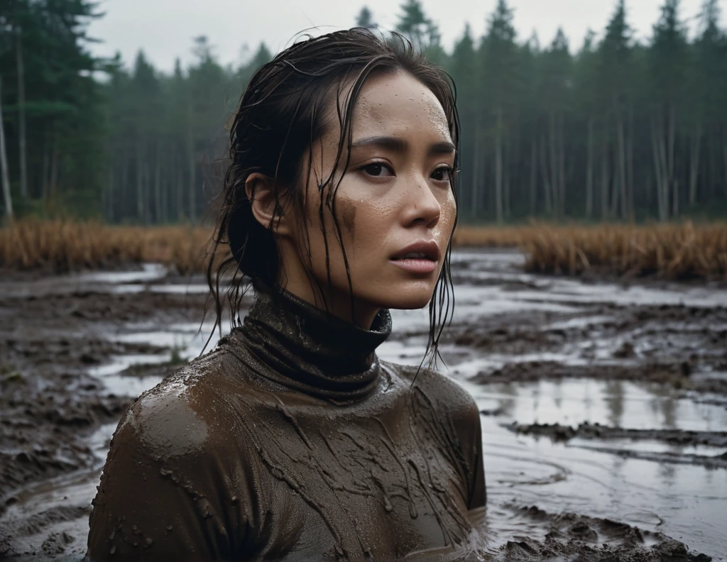 8k, ultra-detailed, grainy film photo, masterpiece,muted colors, muffled light, dark dusk:1.1, rainy, moody:1.1, dark noir:1.2, woman with mud covered face, brown turtleneck sweater, swallowed by mud, looking towards,woman drowning in forest mud bog, dirty long brunette hair, depraved,asian:0.5,beige, brown, red, from side view