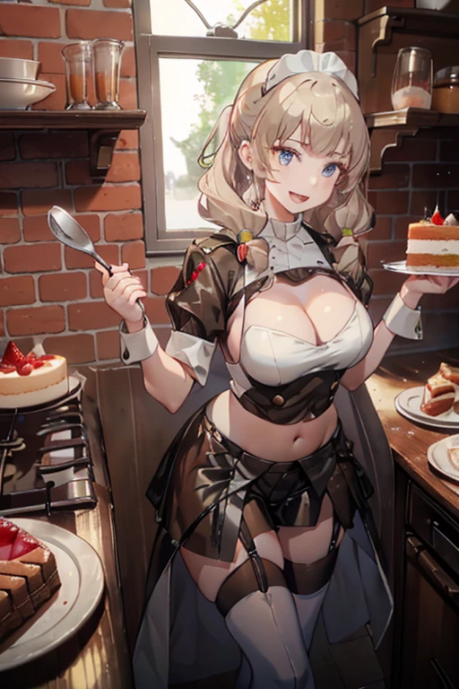 (dynamic angle:1.3, front view:1.1, breast focus:1.3, from above:1.1), (dynamic posing:1.2, sexy posing:1.2), (seductive smiling:1.3), ((looking at cake,Taking a cake out of the golden oven, worried about the outcome:1.2)),highest quality、(real、photorealistic:1.4),(ultra high resolution, 8K RAW photo, clear focus), best qualtiy, natural lighting, field depth, (Bright pupils, detailed beautiful eyes, high detailed face), Red lip, (tight focus:1.2), a girl 22yo old, Wearing a pastry chef uniform:1.3 , Thicc, thin breast, long hair, blue eyes,garter stocking, cleavage:1.2, midriff, black shorts, black thighhighs, thigh strap, pretty girl, (highly detailed beautiful face and eyes,firm breasts),real skin,((black,hair,long pony tail hair)),thin pubic hair,cute,lovely, detailed eyes,(double breasted:1.0,under bust:1.0),(with sparkling eyes and a contagious smile),open mouth, Looking at Viewer,A scene of cooking in the kitchen,looking at the golden oven
