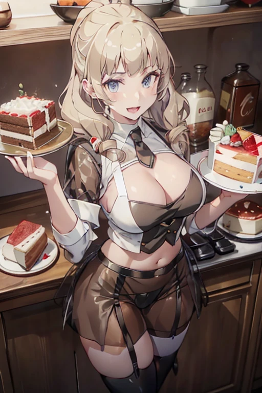 (dynamic angle:1.3, front view:1.1, breast focus:1.3, from above:1.1), (dynamic posing:1.2, sexy posing:1.2), (seductive smiling:1.3), ((looking at cake,Taking a cake out of the golden oven, worried about the outcome:1.2)),highest quality、(real、photorealistic:1.4),(ultra high resolution, 8K RAW photo, clear focus), best qualtiy, natural lighting, field depth, (Bright pupils, detailed beautiful eyes, high detailed face), Red lip, (tight focus:1.2), a girl 22yo old, Wearing a pastry chef uniform:1.3 , Thicc, thin breast, long hair, blue eyes,garter stocking, cleavage:1.2, midriff, black shorts, black thighhighs, thigh strap, pretty girl, (highly detailed beautiful face and eyes,firm breasts),real skin,((black,hair,long pony tail hair)),thin pubic hair,cute,lovely, detailed eyes,(double breasted:1.0,under bust:1.0),(with sparkling eyes and a contagious smile),open mouth, Looking at Viewer,A scene of cooking in the kitchen,looking at the golden oven