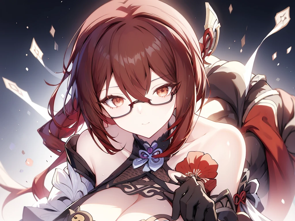 _Anime girl_dark red hair_Shoulder length hair_ brown eyes_elegant clothing_ adult_black glasses_gloves_elegance_ Arlecchino from genshin_portrait_Splash art_