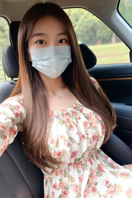 One girl, Japanese, cute sister, semi-long hair, brown hair color, clothes: floral dress, wearing mask, selfie, background: in car, realistic girl, top quality image,