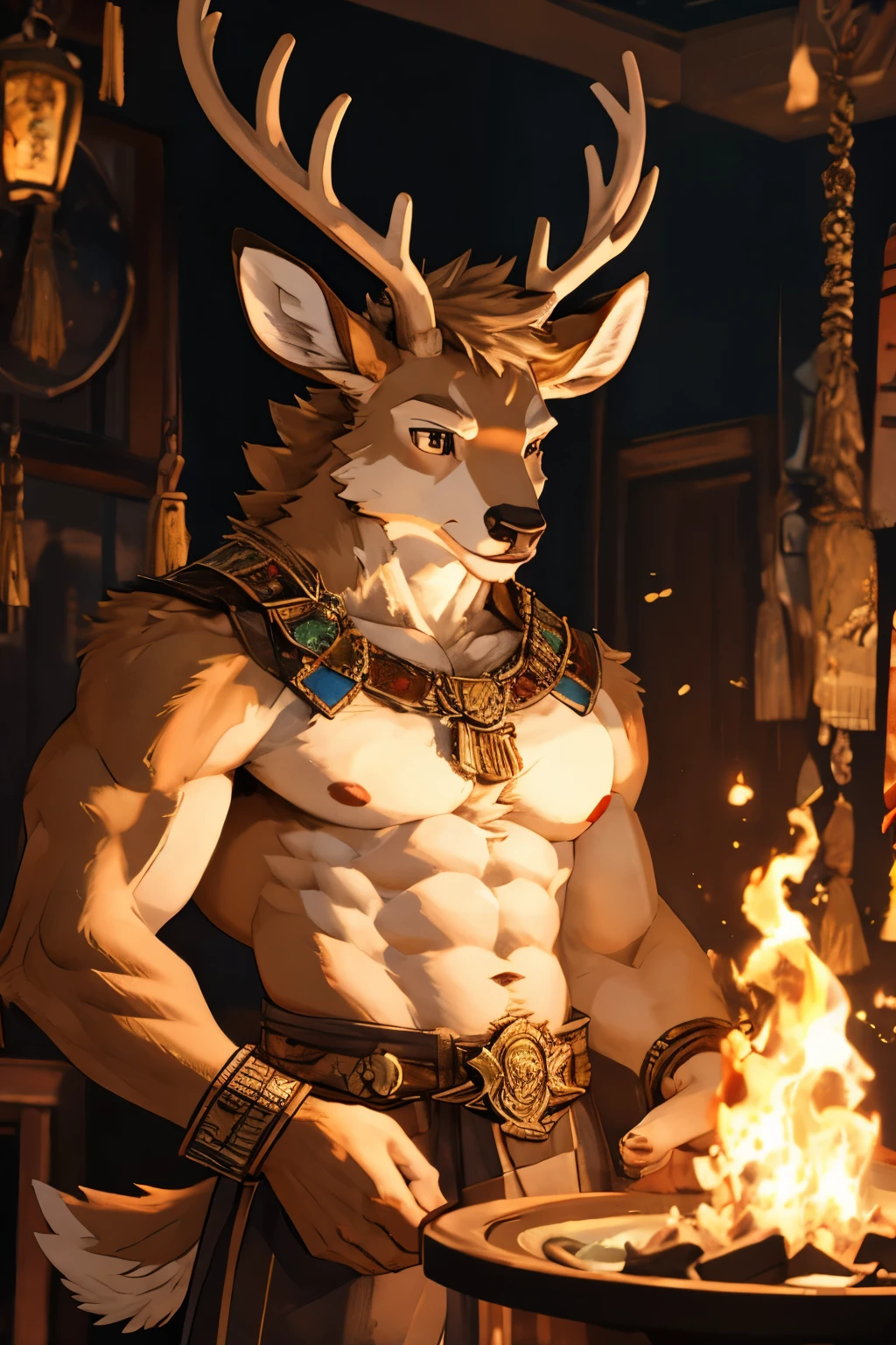 Muscular anthropomorphic white deer with eyes on fire
