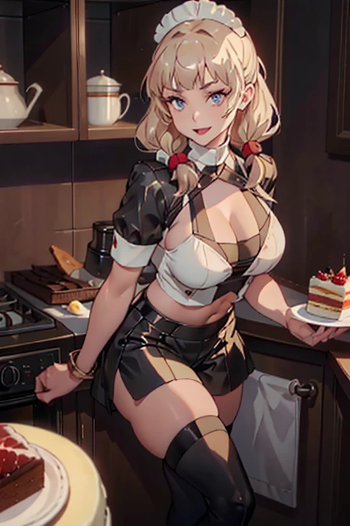 (dynamic angle:1.3, front view:1.1, breast focus:1.3, from above:1.1), (dynamic posing:1.2, sexy posing:1.2), (seductive smiling:1.3), ((looking at cake,Taking a cake out of the golden oven, worried about the outcome:1.2)),highest quality、(real、photorealistic:1.4),(ultra high resolution, 8K RAW photo, clear focus), best qualtiy, natural lighting, field depth, (Bright pupils, detailed beautiful eyes, high detailed face), Red lip, (tight focus:1.2), a girl 22yo old, Wearing a pastry chef uniform:1.3 , Thicc, thin breast, long hair, blue eyes,garter stocking, cleavage:1.2, midriff, black shorts, black thighhighs, thigh strap, pretty girl, (highly detailed beautiful face and eyes,firm breasts),real skin,((black,hair,long pony tail hair)),thin pubic hair,cute,lovely, detailed eyes,(double breasted:1.0,under bust:1.0),(with sparkling eyes and a contagious smile),open mouth, Looking at Viewer,A scene of cooking in the kitchen,looking at the golden oven
