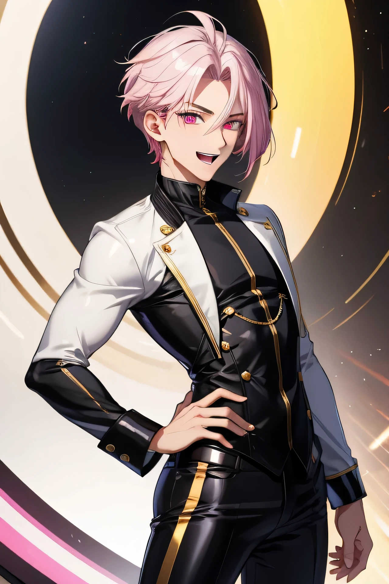 masterpiece, best quality, highres, absurdres, ultra detailed, defined eyes, Male, White skin, oval shaped eyes, Dark pink eyes, Full bright well defined eyebrows, skinny Muscular figure, Spiky tousled hairstyle, Short mid length hair, Bold and glamorous, Off white hair, black and gold jacket, white shirt, black pants, standing, spinning, man, clean eyes, laughing
