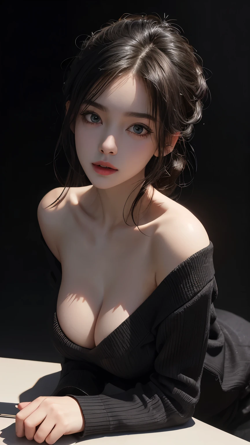 ultra high res, masterpiece, best quality, perfect glossy shiny skins, perfect lighting, detailed lighting, dramatic shadows, ray tracing, black sweater, off shoulder, Big breasts, Exposed cleavage, nsfw, ((Dark background)), Sexy face, Facial expressions when receiving pleasure,