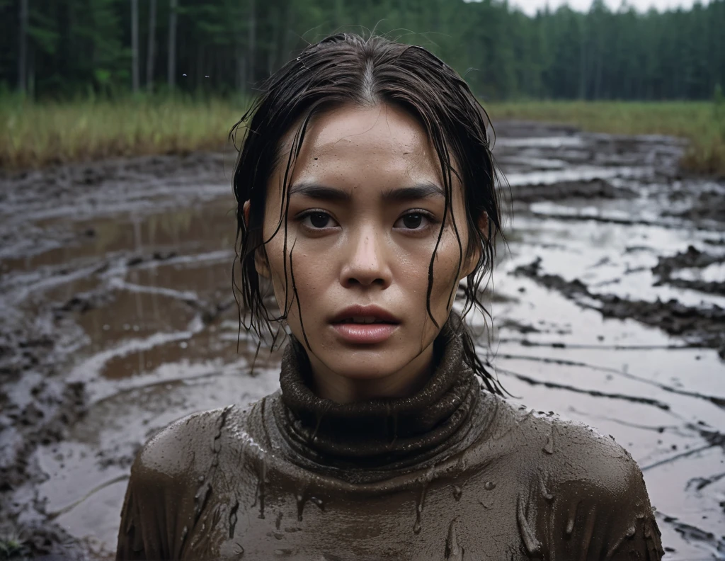 8k, ultra-detailed, grainy film photo, masterpiece,muted colors, muffled light, dark dusk:1.1, rainy, moody:1.1, dark noir:1.2, woman with mud covered messy face, brown turtleneck sweater, swallowed by mud, looking towards,woman drowning in forest mud bog, dirty long brunette hair, depraved,asian:0.5,beige, brown, red, from side view