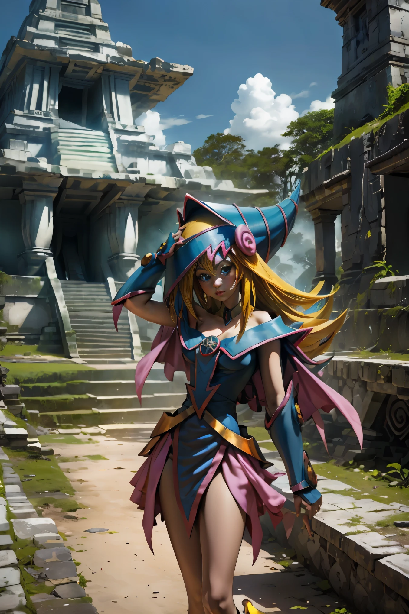 Hermosa dark magician gils. ella esta en la jungla maya. En medio de las ruinas mayas de Tikal.