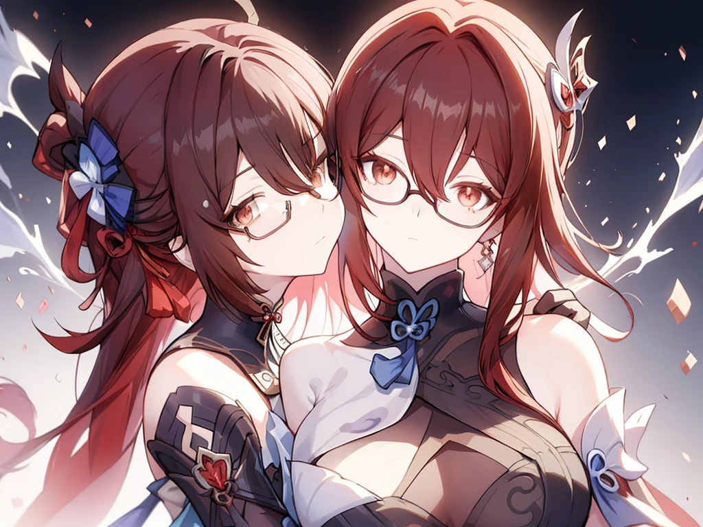 _Anime girl_dark red hair_Shoulder length hair_ brown eyes_elegant clothing_ adult_black glasses_gloves_elegance_ Arlecchino from genshin_portrait_Splash art_