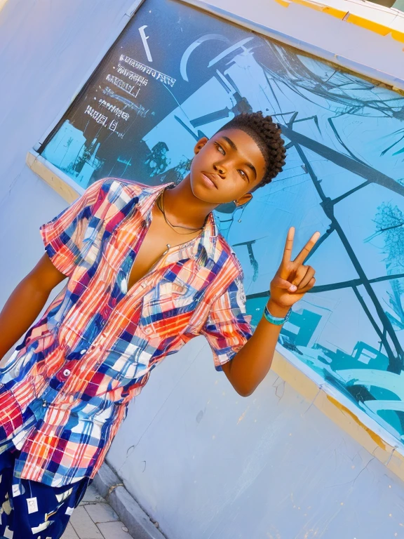 there is a man standing in front of a sign with a peace sign, adolescente ?????,
