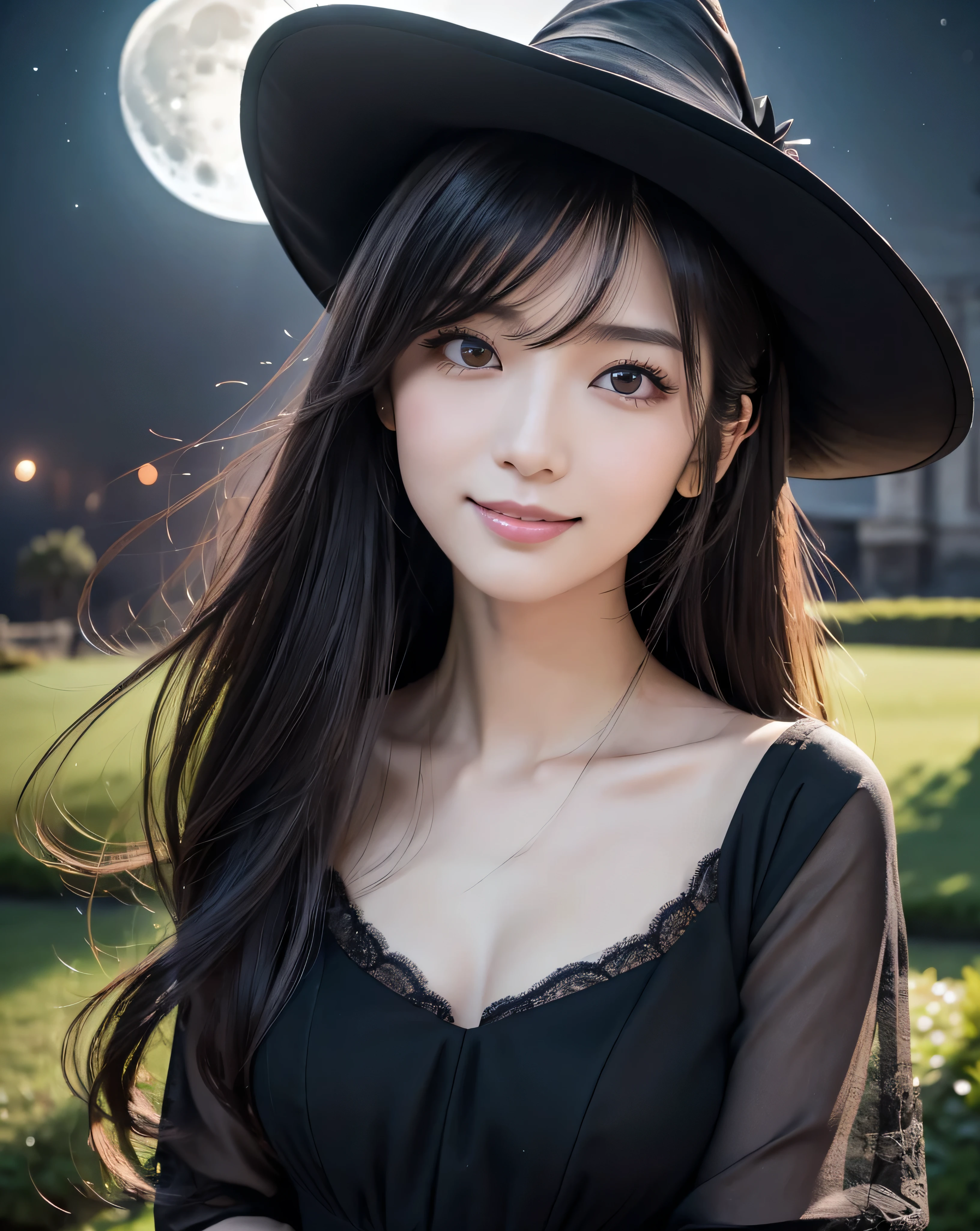 (highest quality, 32k, High resolution, Masterpiece:1.5, ), marimo_jet, Concept Art, Expressing emotions, Have a rich imagination, Beautiful Japanese Girls, An exceptionally beautiful face, Small Face Beauty, ((Full body shot:1.2)), Perfect Human Anatomy, Magical big eyes, Motherhood and generosity, Deep Love, ((A fleeting smile:1.1)), Shiny black hair, Straight long hair, Asymmetrical bangs, Hair between the eyes, Transparent, soft white skin, Sharp eyebrows, Thin lashes, Natural Makeup, Cheek highlighter, Pale pink detailed lips, ((fantasy witch:1.1)), ((Pitch black night sky:1.4)), ((Detailed full moon in a black night sky:1.3)), Detailed and perfect collarbone, ((Black big symphony lace classic dress:1.2)), (Black tricorn hat:1.3), moonlight, Professional photographer, Professional models, mysterious