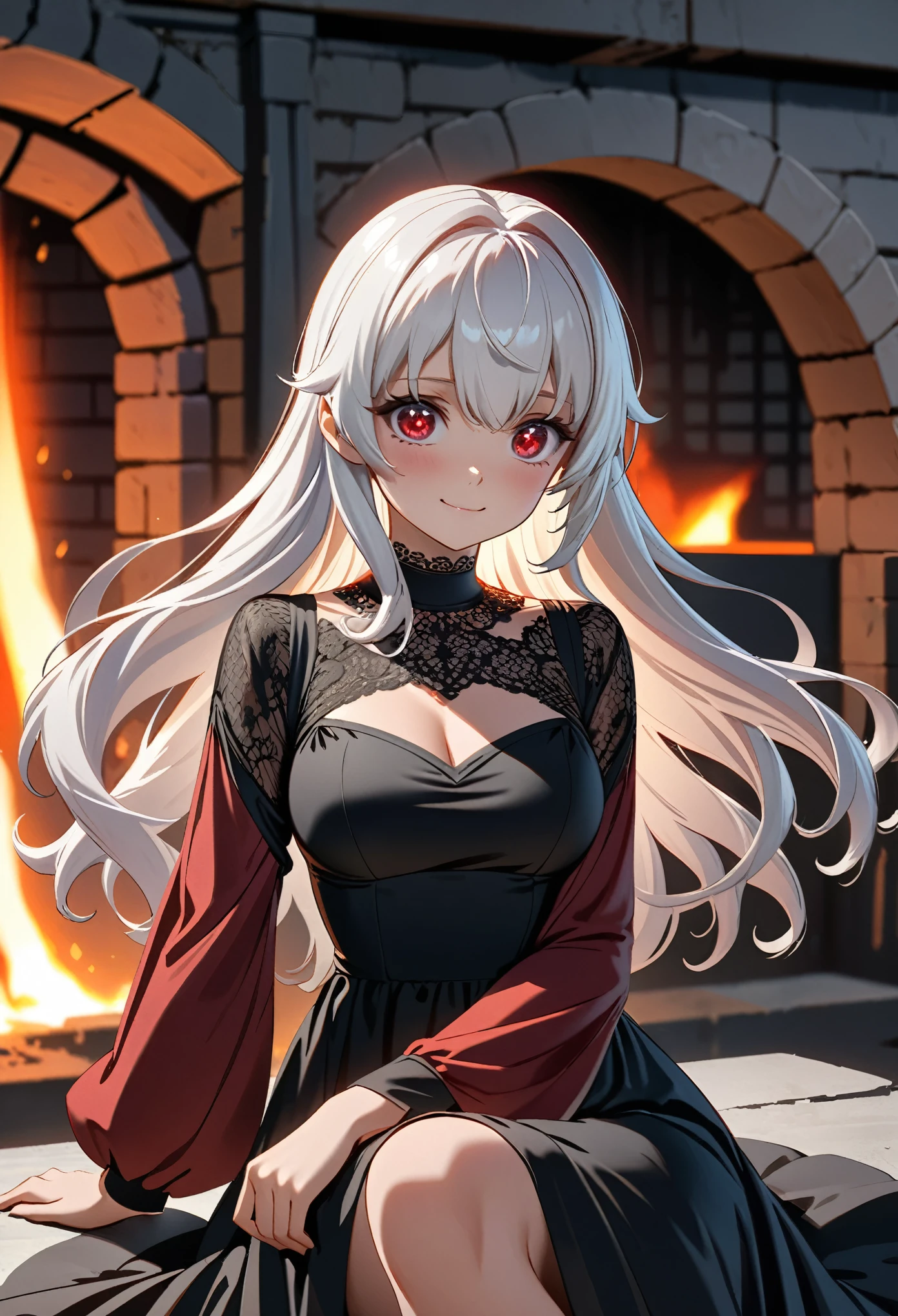 Masterpiece, High Quality, detailed face, defined eyes, ((detailed eyes)), Solo, female, anime female, ((( anime female))), sitting pose, (((random sitting pose))), red eyes, (((deep red eyes))), cute smile, white hair, (((white hair with red bangs))), (((red bangs))), black dress with lace collar, (((black dress with silk sleeves))), Light right over head, ((forge in background)),