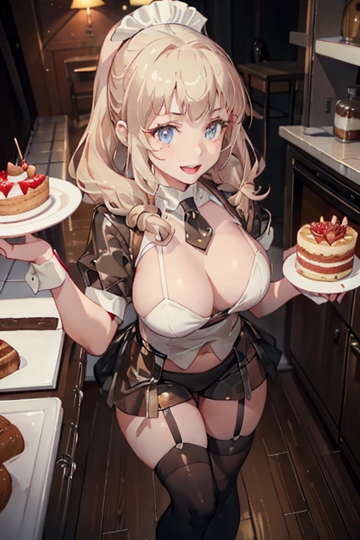 (dynamic angle:1.3, front view:1.1, breast focus:1.3, from above:1.1), (dynamic posing:1.2, sexy posing:1.2), (seductive smiling:1.3), ((looking at cake,Taking a cake out of the golden oven, worried about the outcome:1.2)),highest quality、(real、photorealistic:1.4),(ultra high resolution, 8K RAW photo, clear focus), best qualtiy, natural lighting, field depth, (Bright pupils, detailed beautiful eyes, high detailed face), Red lip, (tight focus:1.2), a girl 22yo old, Wearing a pastry chef uniform:1.3 , Thicc, small breast:1.4, long hair, blue eyes,garter stocking, cleavage:1.2, midriff, black shorts, black thighhighs, thigh strap, pretty girl, (highly detailed beautiful face and eyes,firm breasts),real skin,((black,hair,long pony tail hair)),thin pubic hair,cute,lovely, detailed eyes,(double breasted:1.0,under bust:1.0),(with sparkling eyes and a contagious smile),open mouth, Looking at Viewer,A scene of cooking in the kitchen,looking at the golden oven
