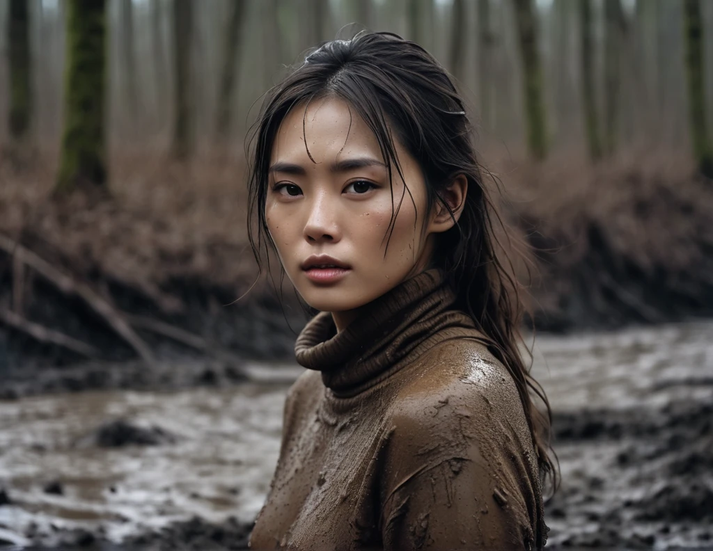 8k, ultra-detailed, grainy film photo, masterpiece,muted colors, muffled light, dark dusk:1.1, rainy, moody:1.1, dark noir:1.2, woman with mud covered messy face, natural skin texture, brown turtleneck sweater, swallowed by mud, looking towards,woman drowning in forest mud bog, messy long brunette hair, depraved,asian:0.5,beige, brown, red, from side view