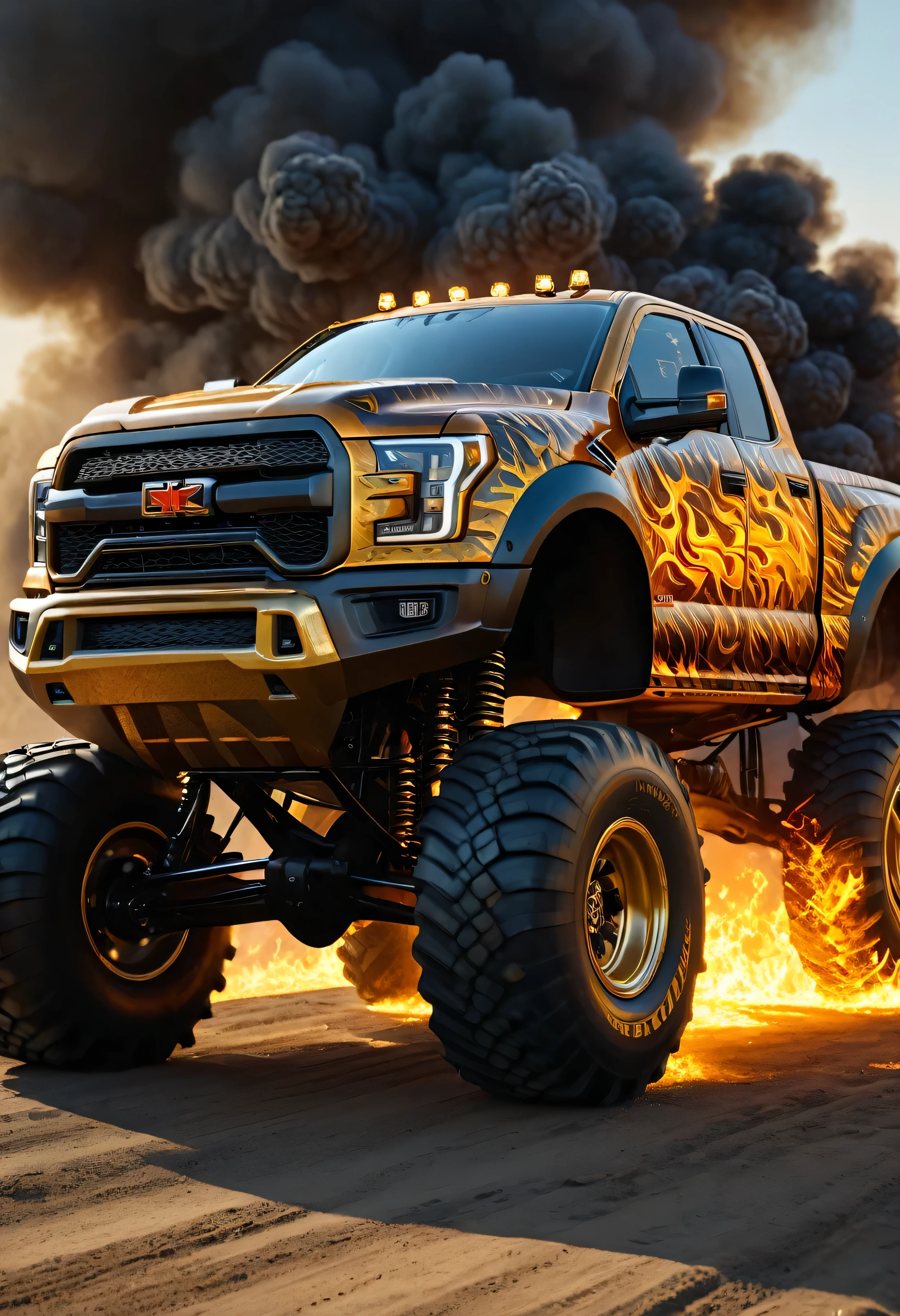 Monster truck ablaze, scales resembling armored skin, roaring flames licking the chassis, captured in the golden ratio, intricate texture work, high octane render, trending on ArtStation, 8K resolution, photorealistic style, soft natural light casting volumetric shadows for a cinematic effect, chiaroscuro technique highlighting the form, award- winning composition reminiscent of oil painting masterpieces by Raphael
