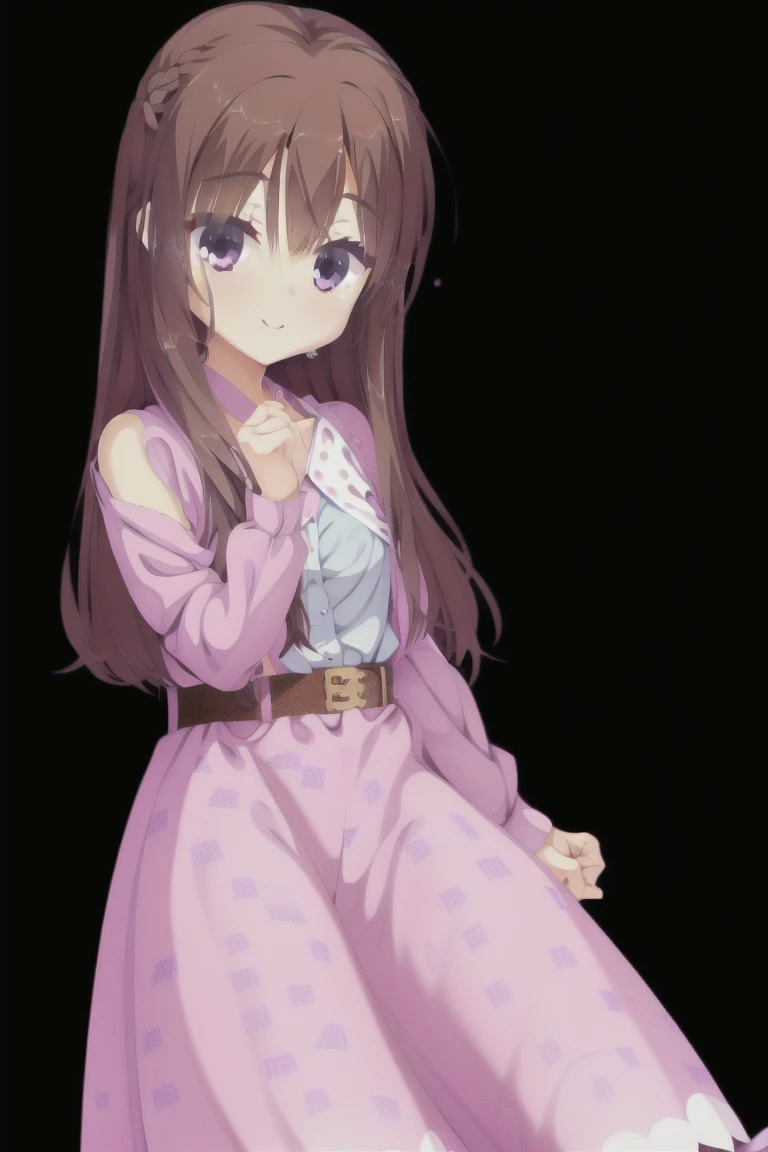 1girl,solo,smiling, purple eyes, woman, brown hair, medium hair, shirred sleeve blouse, pale purple blouse, long skirt, (long skirt with blue polka dots:1.3), small breast, full body, Character portrait, expensive_solve, clear_image, expensive_Contrast, 8k, Sparkling, beautiful_detailed_face_and_eye, (Brown Hair:1.25), 白 eye,Black background