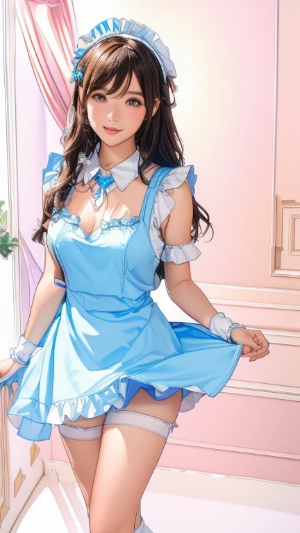 A beautiful girl wearing a navy blue dress posing for a photo, anime girl, in the park, Lolita style dress with ruffles and lace, (flower printed elegant dress skirt), low-cut chest, blue sky and white clouds, windy day, white stockings above the knee, (looking at the viewer), brown hair, bangs, swept bangs, long hair, wavy hair, shiny hair, expressive hair, hair flower, hair ribbon, jewelry, aqua eyes, glowing eyes, pupils sparkling, earrings, open mouth, blush, tongue, happy, red lips, glossy lips, upper teeth, naughty face, big rounds breasts, slim waist, beautiful and detailed legs, cute thighs, full body, well defined body, fine lace panties, (showing elegant panties:1.4), exposed panties, skirt lift, upskirt, wind blowing up dress skirt, high detail, ultra-detailed, anime, dithering, beautiful illustration, depth of field, pov, low angle, from below, perspective, panorama, game cg, NSFW, Wide-Angle, f/1.8, 85mm, Sony FE GM, 8k, super detail, UHD, retina, masterpiece, accurate, anatomically correct, textured skin, highres, 16k