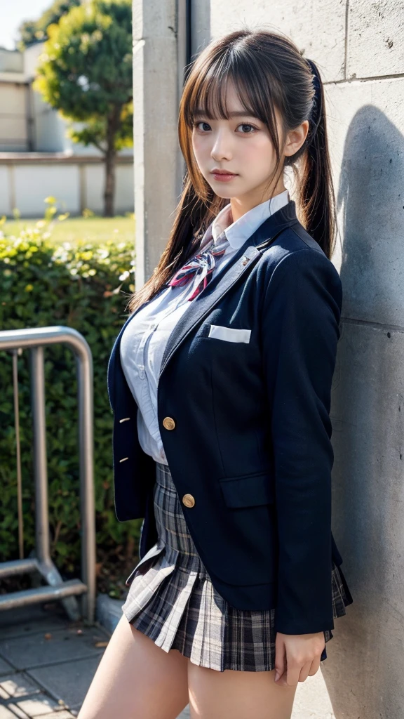 masterpiece, best quality, illustration, Super detailed, fine details, High resolution, 8K,wall paper, perfect dynamic composition,(Details High quality, realistic depiction of eyes:1.3), from side, High School Classroom、High school girl uniform、blazer 、Super Short Check Uniform Skirt、Navy blue high socks、garterbelts、Colossal tits、Disturbed uniform, ponytail, black hair color, large breasts, Big Natural Color Lip, bold sexy pose, (perfect body shape), crying a little、cold gaze, Harajuku style、20 year old girl、cute type, beautiful legs, hposing Gravure Idol, Voluptuous thighs