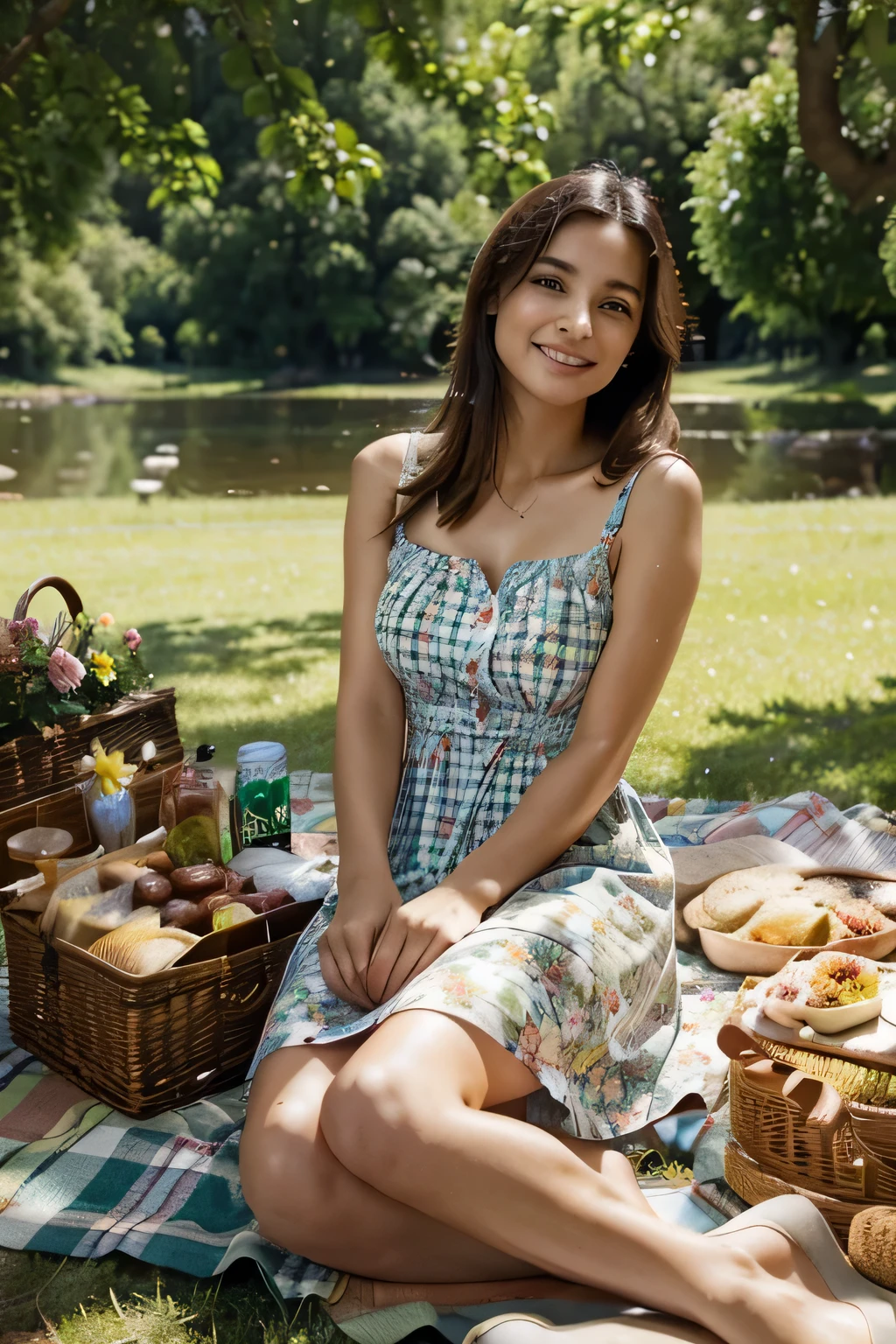 Imagine an influencer lying on a picnic, engulfed in the charm of nature. She radiates charm in a flowing, bohemian chic dress, exuding effortless elegance