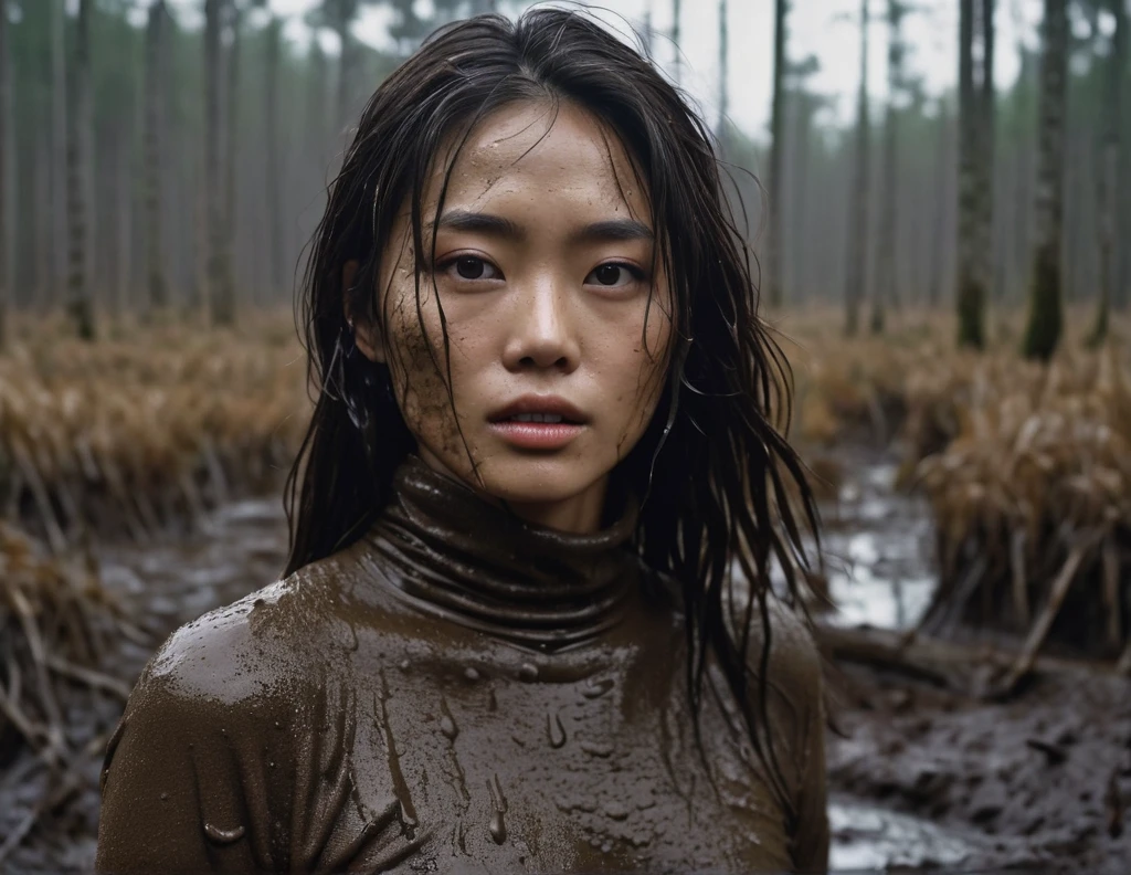 8k, ultra-detailed, grainy film photo, masterpiece,muted colors, muffled light, dark dusk:1.1, rainy, horror:1.1, dark noir:1.2, woman with mud covered face, messy,natural skin texture, brown turtleneck sweater, swallowed by bog,  looking towards,woman drowning in forest mud bog, messy long brunette hair, depraved,asian:0.5,beige, brown, red, from side view