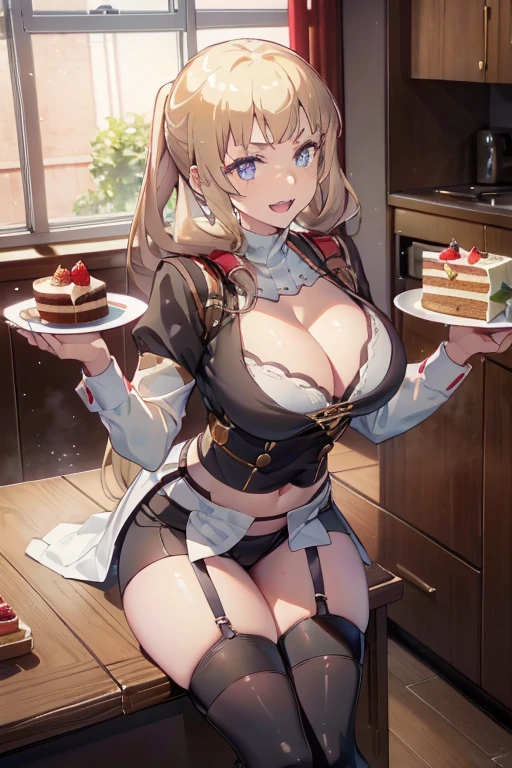 (dynamic angle:1.3, front view:1.1, breast focus:1.3, from above:1.1), (dynamic posing:1.2, sexy posing:1.2), (seductive smiling:1.3), ((looking at cake,Taking a cake out of the golden oven, worried about the outcome:1.2)),highest quality、(real、photorealistic:1.4),(ultra high resolution, 8K RAW photo, clear focus), best qualtiy, natural lighting, field depth, (Bright pupils, detailed beautiful eyes, high detailed face), Red lip, (tight focus:1.2), a girl 22yo old, Wearing a pastry chef uniform:1.3 , Thicc, thin breast, long hair, blue eyes,garter stocking, cleavage:1.2, midriff, black shorts, black thighhighs, thigh strap, pretty girl, (highly detailed beautiful face and eyes,firm breasts),real skin,((black,hair,long pony tail hair)),thin pubic hair,cute,lovely, detailed eyes,(double breasted:1.0,under bust:1.0),(with sparkling eyes and a contagious smile),open mouth, Looking at Viewer,A scene of cooking in the kitchen,looking at the golden oven
