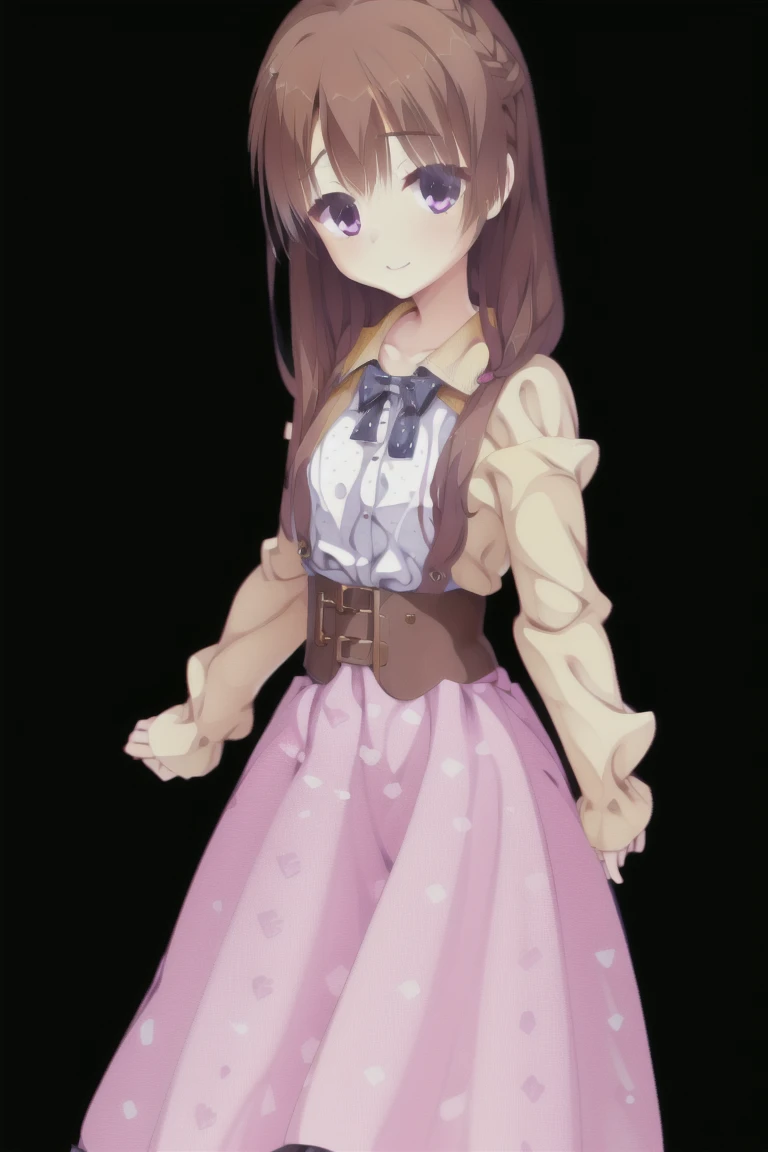 1girl,solo,smiling, purple eyes, woman, brown hair, medium hair, shirred sleeve blouse, pale purple blouse, long skirt, (long skirt with blue polka dots:1.3), small breast, full body, Character portrait, expensive_solve, clear_image, expensive_Contrast, 8k, Sparkling, beautiful_detailed_face_and_eye, (Brown Hair:1.25), 白 eye,Black background