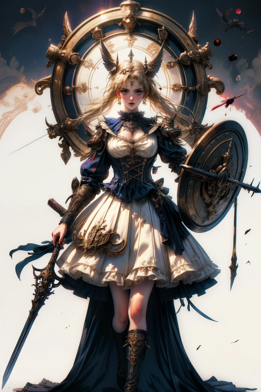 ((best quality)), ((masterpiece)), (detailed), blank white background, plain background, white background, Bloodborne inspired,  occult aesthetic, occult, detailed and intricate steampunk and detailed gothic, NSFW, Very dramatic and cinematic lighting, cosmic horror, grim-dark, side-lighting, perfect face, a beaituful goddess valkyrie adorned and enshrined in armour, Bloodborne inspired valkyrie, occult aesthetic valkyrie, occult valkyrie, detailed and intricate steampunk and detailed gothic valkyrie, wielding a sword and shield, NSFW, Fluttering lace flared long knee length dress with frilly petticoats, knee length dress, pleated petticoats, lolita dress, petticoats gothic lolita, side-lighting, gothic lolita aesthetic, beautiful small breasts, small breasts, full body, whole body, body, plain background, white background, blank background, no background, white background NSFW