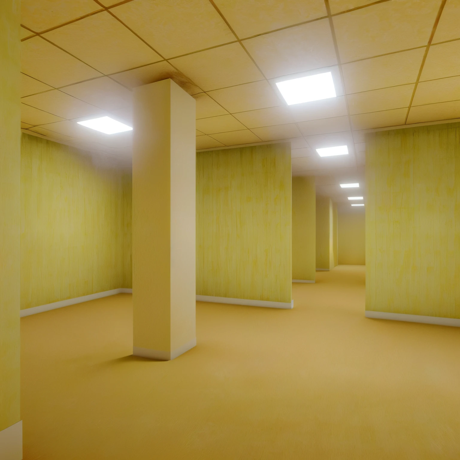 there is a room with a wallpapered wall and a ceiling, yellow carpeted, path tracing render, the scary empty liminal spaces, high level texture render, volumetric render, everything is carpet and 3d, background 1970s office, raymarching, highly photographic render, backrooms abandoned mall, indoor liminal space
