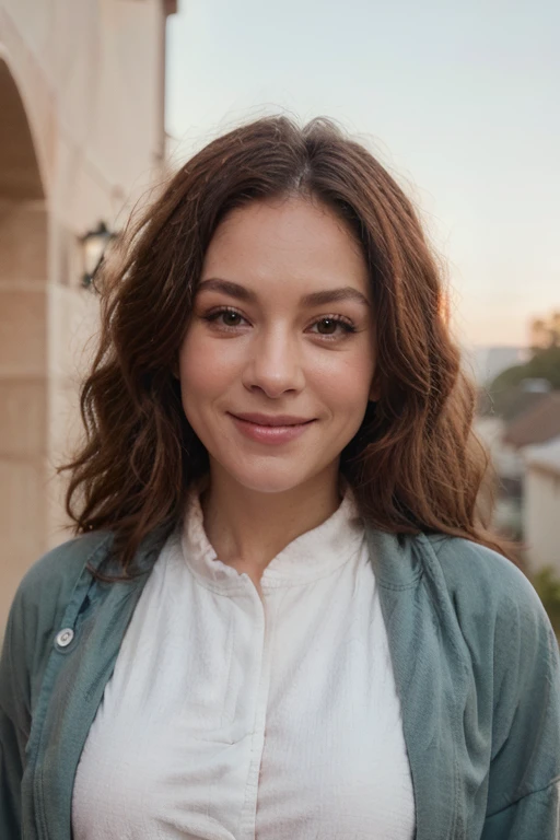 Pretty girl, smiling green eyes, grey jersey, upper body, facing camera, photorealistic, ((best quality)), ((masterpiece)), (detailed), perfect face