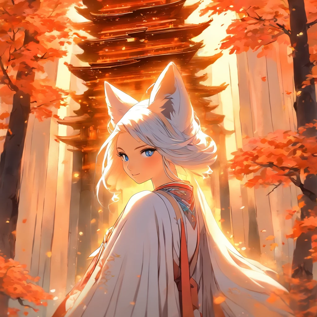 Fox girl, white hair, long hair, fox ears, kimono, many tails, near a beautiful temple in the forest, unearthly beauty, Galadriel, a beautiful fantasy painting., inspired by Nene Thomas, an unearthly fairy tale inspired by Edward Robert Hughes, a fantastic oil painting., unearthly!!!!!!, Unearthly!!!, Enchanted by the spirit of nature, unearthly fantasy, very clear eyes, very clear hands