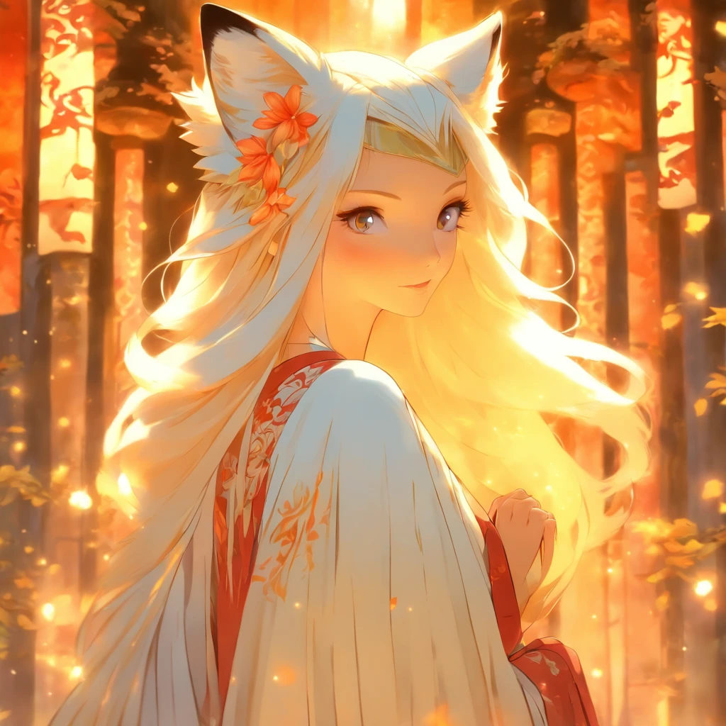 Fox girl, white hair, long hair, fox ears, kimono, many tails, near a beautiful temple in the forest, unearthly beauty, Galadriel, a beautiful fantasy painting., inspired by Nene Thomas, an unearthly fairy tale inspired by Edward Robert Hughes, a fantastic oil painting., unearthly!!!!!!, Unearthly!!!, Enchanted by the spirit of nature, unearthly fantasy, very clear eyes, very clear hands