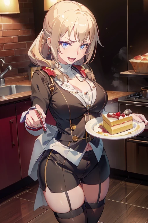 (dynamic angle:1.3, front view:1.1, breast focus:1.3, from above:1.1), (dynamic posing:1.2, sexy posing:1.2), (seductive smiling:1.3), ((looking at cake,Taking a cake out of the golden oven, worried about the outcome:1.2)),highest quality、(real、photorealistic:1.4),(ultra high resolution, 8K RAW photo, clear focus), best qualtiy, natural lighting, field depth, (Bright pupils, detailed beautiful eyes, high detailed face), Red lip, (tight focus:1.2), a girl 22yo old, Wearing a pastry chef uniform:1.3 , Thicc, thin breast, long hair, blue eyes,garter stocking, cleavage:1.2, midriff, black shorts, black thighhighs, thigh strap, pretty girl, (highly detailed beautiful face and eyes,firm breasts),real skin,((black,hair,long pony tail hair)),thin pubic hair,cute,lovely, detailed eyes,(double breasted:1.0,under bust:1.0),(with sparkling eyes and a contagious smile),open mouth, Looking at Viewer,A scene of cooking in the kitchen,looking at the golden oven
