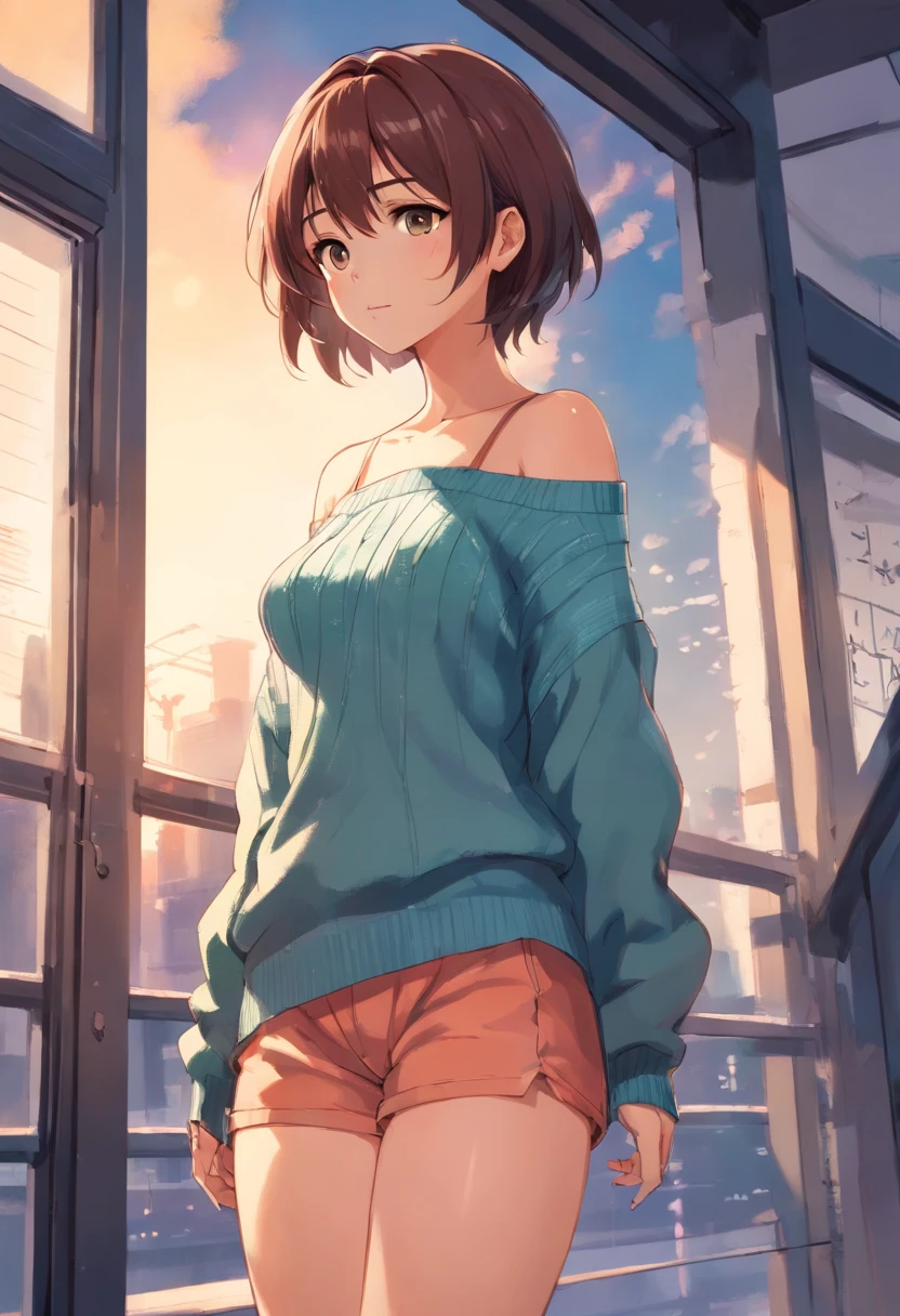 (), big boobs,(masterpiece), best quality, extremely detailed, (watercolor), bloom, delicate and beautiful, illustration, (from below),(1girl:1.4), (solo:1.2), large breasts, (ribbed sweater:1.3), off-shoulder sweater, (short shorts:1.2), bare shoulders, (underboob), ((dark skin:0.8)), beautiful eyes, (disheveled hair ), photography, over-the-shoulder shot, by Alex Maleev, professional, canon camera, nikon camera, sharp, bokeh, studio quality, fisheye lens, by Robert Capa ,