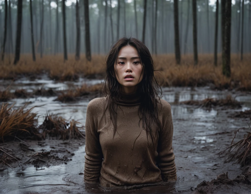 8k, ultra-detailed, grainy film photo, masterpiece,muted colors, muffled light, dark dusk:1.1, rainy, horror:1.1, dark noir:1.2, messed face,natural skin texture, brown turtleneck sweater, swallowed by bog,  looking towards,woman drowning in forest mud bog, messy long brunette hair, depraved,asian:0.5,beige, brown, red, from side view