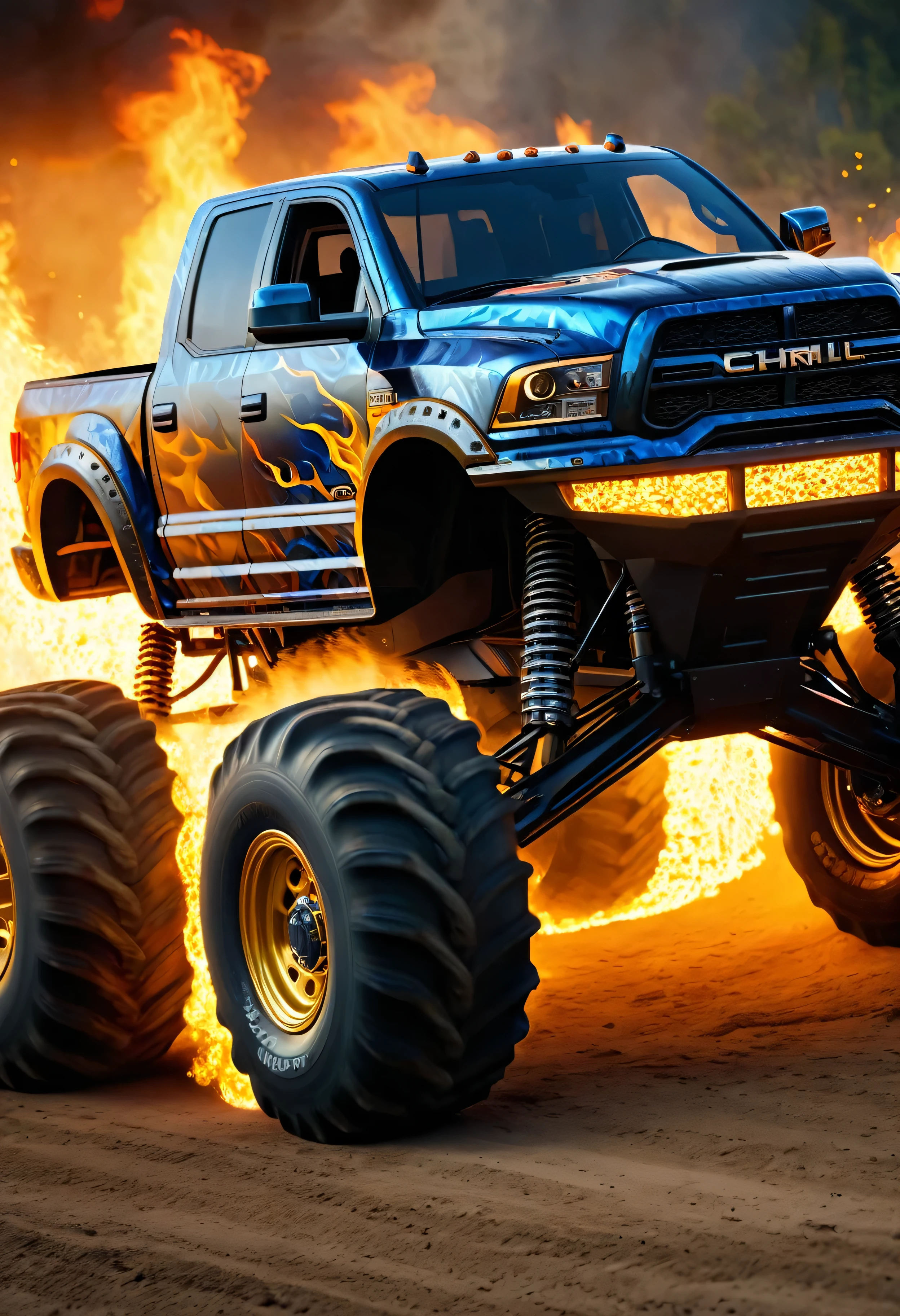 Monster truck ablaze, scales resembling armored skin, roaring flames licking the chassis, captured in the golden ratio, intricate texture work, high octane render, trending on ArtStation, 8K resolution, photorealistic style, soft natural light casting volumetric shadows for a cinematic effect, chiaroscuro technique highlighting the form, award- winning composition reminiscent of oil painting masterpieces by Raphael