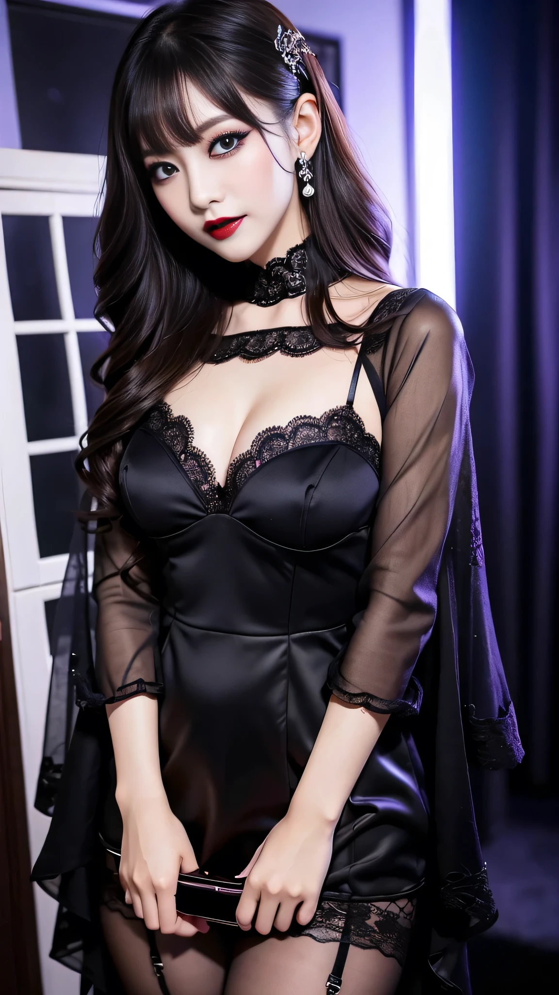 best quality、ultra-detailed、4k、Japanese、Seductive beauty、seductive adult woman、Pretty Woman、cool girl、Villainess、Brainwashed、brainwash、Fallen into evil、smirk、Evil look、Wicked Smile、evil、Brown hair、wavy hair、swept bangs、dark makeup、dark makeup、piercing eyes、hollow eyes,half-closed eyes、Hollow Eyes、purple Eyeshadow、black lipstick、black lipglos、Lace fabric、blue party dress、Wide sleeves、stockings、pantyhose、night、inside darkroom、Are standing、shoot from below、Make up、Makeup brushes、Have lipstick、Swear allegiance、I have pledged my allegiance、Seduce、