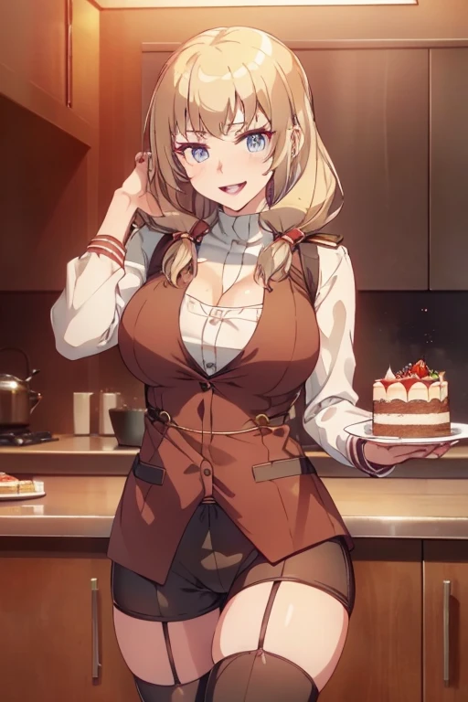 (dynamic angle:1.3, front view:1.1, breast focus:1.3, from above:1.1), (dynamic posing:1.2, sexy posing:1.2), (seductive smiling:1.3), ((looking at cake,Taking a cake out of the golden oven, worried about the outcome:1.2)),highest quality、(real、photorealistic:1.4),(ultra high resolution, 8K RAW photo, clear focus), best qualtiy, natural lighting, field depth, (Bright pupils, detailed beautiful eyes, high detailed face), Red lip, (tight focus:1.2), a girl 22yo old, Wearing a pastry chef uniform:1.3 , Thicc, thin breast, long hair, blue eyes,garter stocking, cleavage:1.2, midriff, black shorts, black thighhighs, thigh strap, pretty girl, (highly detailed beautiful face and eyes,firm breasts),real skin,((black,hair,long pony tail hair)),thin pubic hair,cute,lovely, detailed eyes,(double breasted:1.0,under bust:1.0),(with sparkling eyes and a contagious smile),open mouth, Looking at Viewer,A scene of cooking in the kitchen,looking at the golden oven
