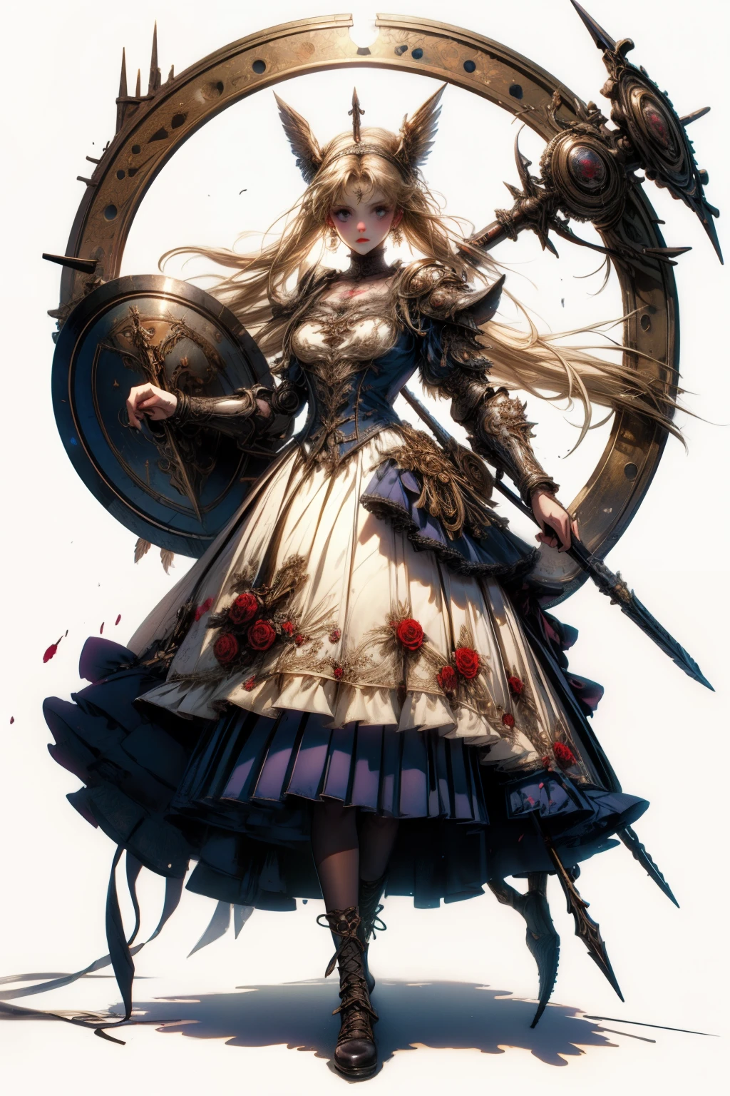 ((best quality)), ((masterpiece)), (detailed), blank white background, plain background, white background, Bloodborne inspired, occult aesthetic, occult, detailed and intricate steampunk and detailed gothic, NSFW, Very dramatic and cinematic lighting, cosmic horror, grim-dark, side-lighting, perfect face, a beaituful goddess valkyrie adorned and enshrined in armour, Bloodborne inspired valkyrie, occult aesthetic valkyrie, occult valkyrie, detailed and intricate steampunk and detailed gothic valkyrie, wielding a sword and shield, NSFW, Fluttering lace flared long knee length dress with frilly petticoats, knee length dress, pleated petticoats, ta dress, petticoats gothic loliside-lighting, gothic lolita aetic, beautiful small breasts, small breasts, full body, whole body, body, plain background, white background, blank background, no background, white background NSFW